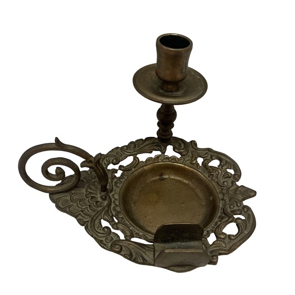 Other - Vintage Brass Chamberstick Candle Holder Ornate Scroll Filigree Gold